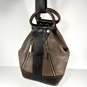 Valentina Pebbled Leather Convertible Backpack Bucket Bag Italy Two Tone Brown